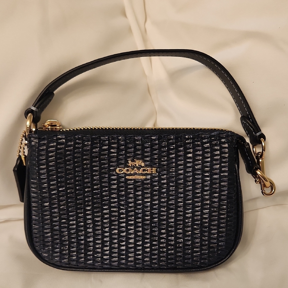 Coach Black Woven Leather Wristlet with Gold Hardware